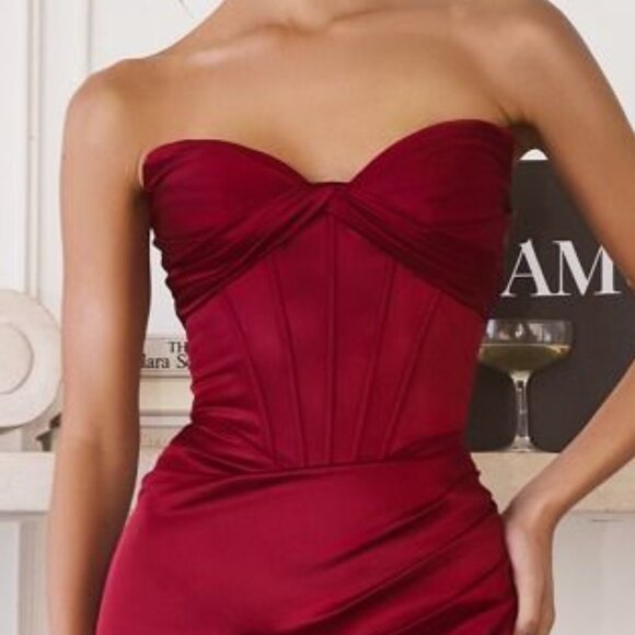 New Deep Red Strapless Evening Soft Satin Pleated Dress w/ Boned Bodice CD T611 - Picture 5 of 9